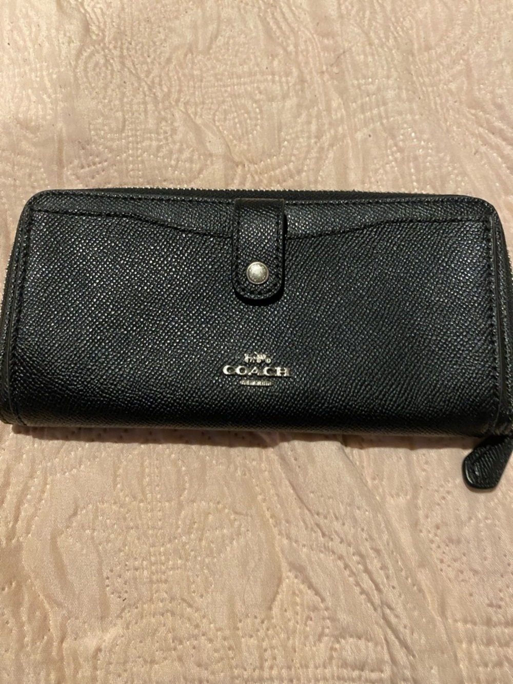Coach Black Pebbled Leather Zip-Around Wallet with Snap
